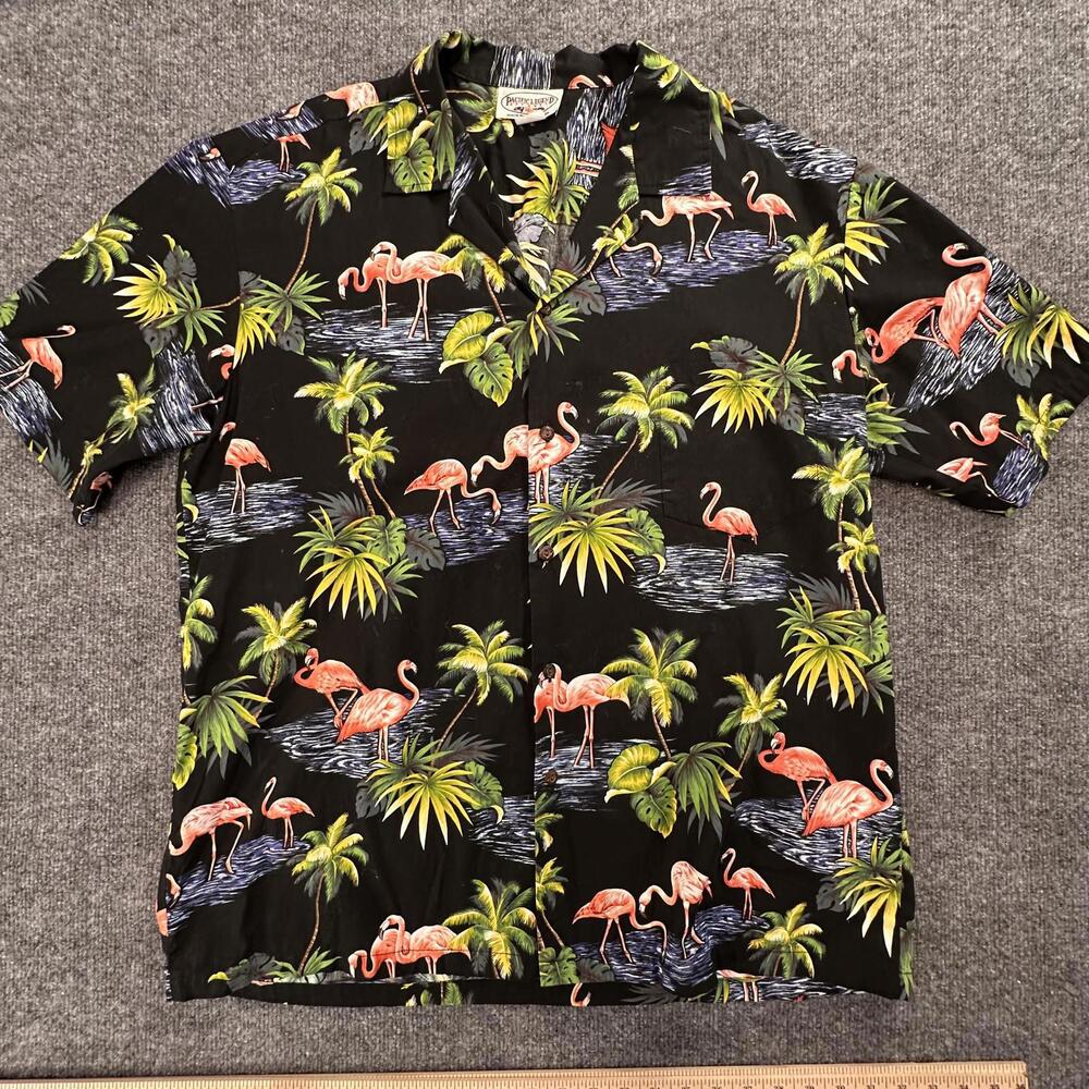 Pacific‎ Legend Mens XL Hawaiian Shirt Flamingo Palm Trees Black Cotton #198